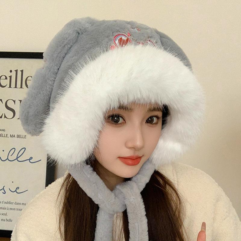 Autumn and winter cute rabbit ears embroidered plush hat women's warm and cold new ear hat cover Lei Feng hat