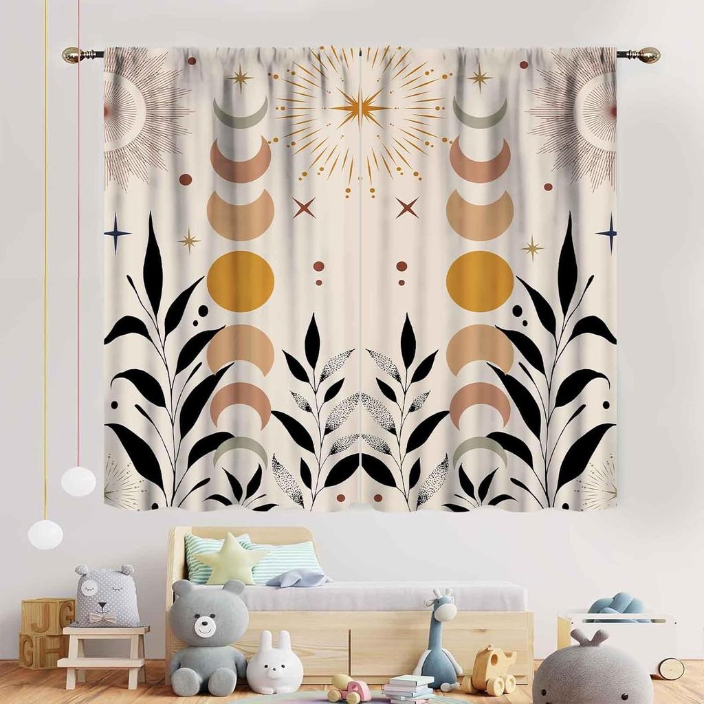 Wild Floral Moon Curtains, Boho Vintage Moon Phase Botanical Mid Century Moonlit Plants Aesthetic Spring Flower Blackout Window