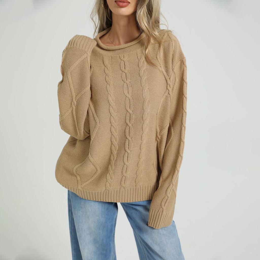 Damen Zopfmuster Pullover Langarm Rundhals Pullover Farbe Lässiges Oberteil