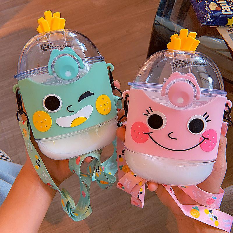 Summer Charming French Fries Water Bottle With Straw Clear Square Plastic Water Bottles for Kids Lightweight School Drinking Cup