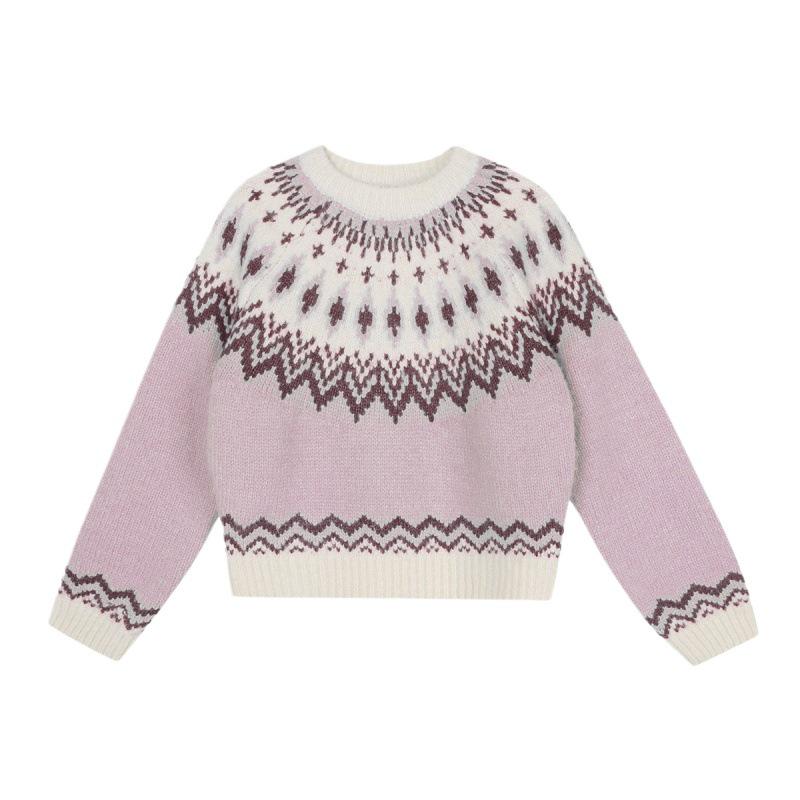 Women's Korean Retro Knit Sweater: Pink Diamond Patchwork Round Neck Jacquard Pullover for Autumn/Winter.