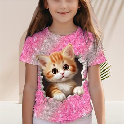 Barn T-skjorte for jenter Gradient Paljetter Kawaii Cat Kortermet O-hals Pyjamas for barn Klær Jenter fra 2 til 7 år T-skjorte