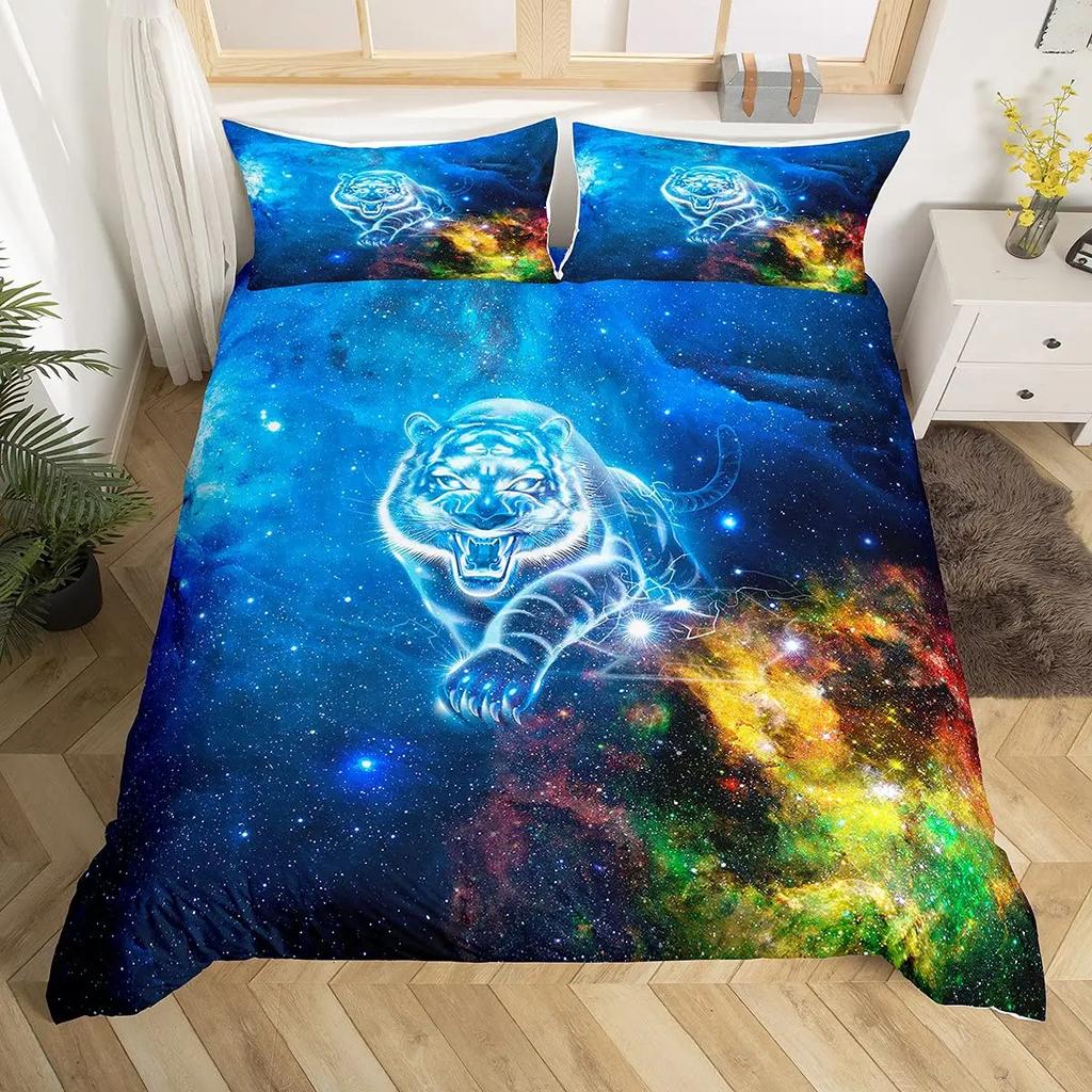 Galaxy Tiger Duvet Cover Set Blue Nebulas Stars Moon Bedding Sets Outer Space Wildlife Sky Starry King Comforter Cover Set