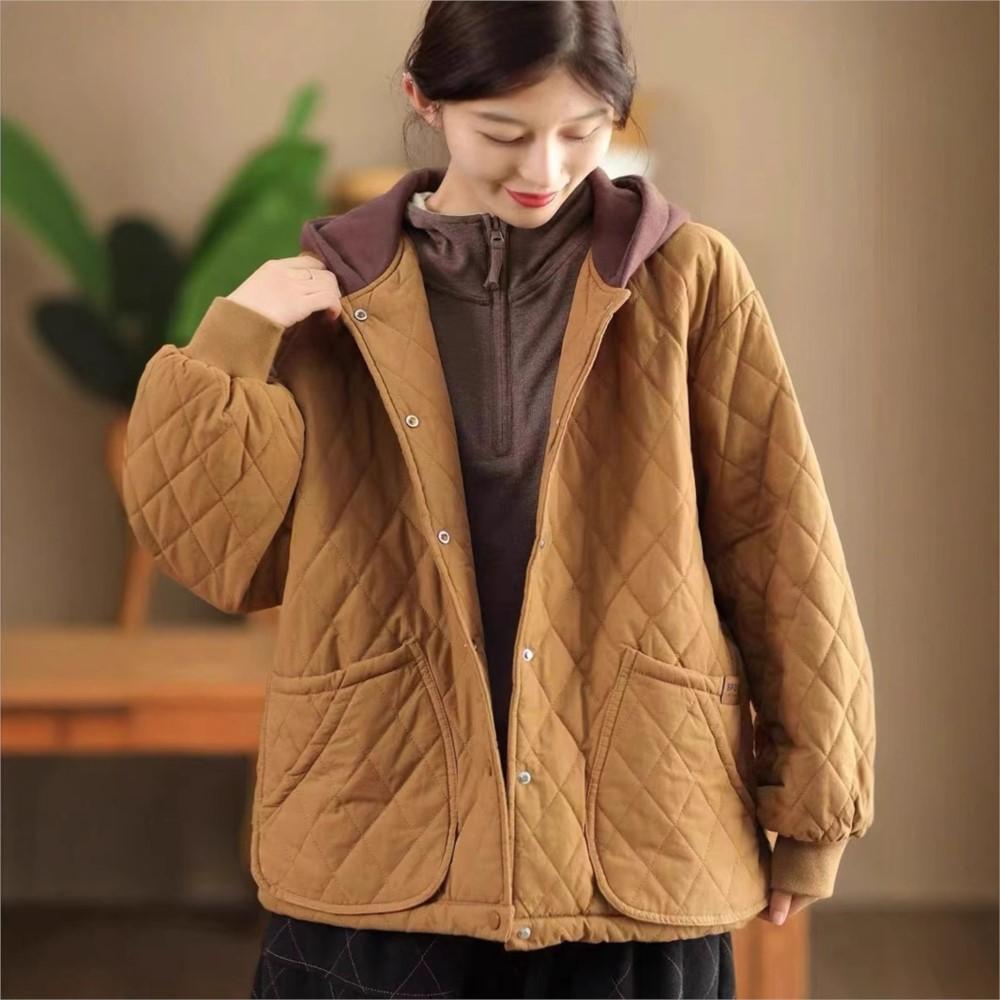 Johnature Women Vintage Hooded Button Solid Color Long Sleeve Winter Coats Casual Warm Coats