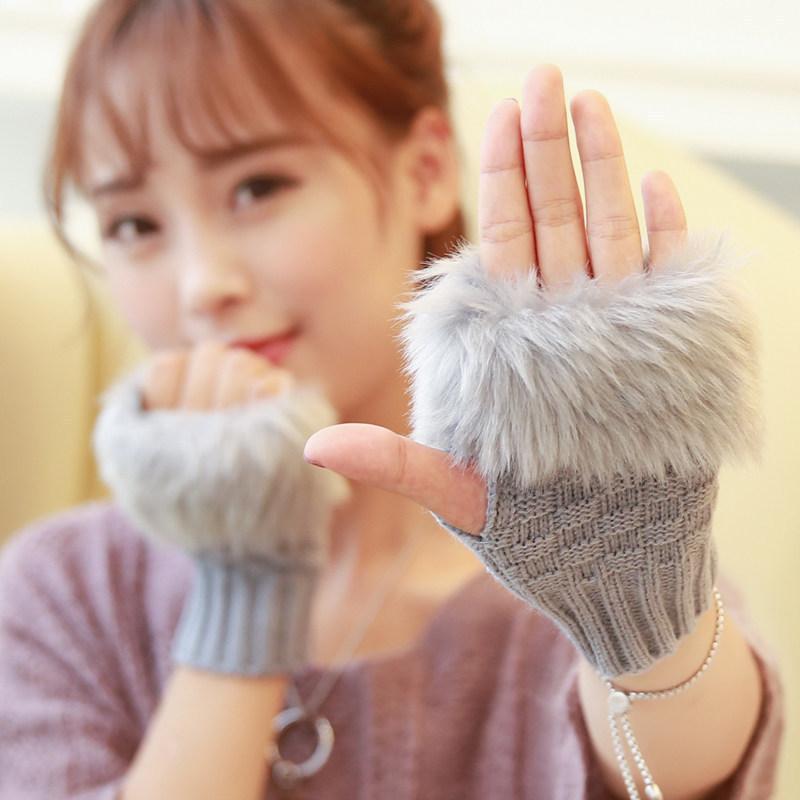 Mittens Fingerless Soft Stretch Gloves Faux Rabbit Hair Gloves Women Girls Winter Warm Gloves Warm Knitted Half-finger Glove