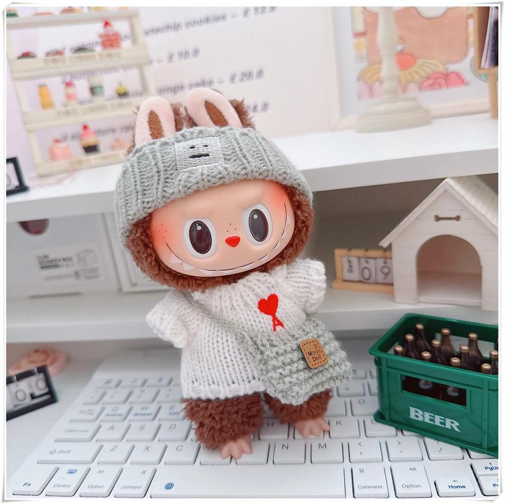 17cm Labubu Doll Clothes Set: Heart Sweater, Hat, Crossbody Bag - First & Second Generation.