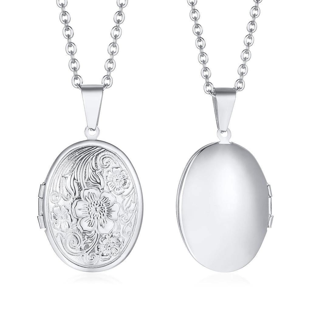 Collane Ciondolo Medaglione Cuore Ovale Floreale Delicato per Donna, Acciaio Inossidabile Cornice Foto Promessa Amore Ricordo Regalo