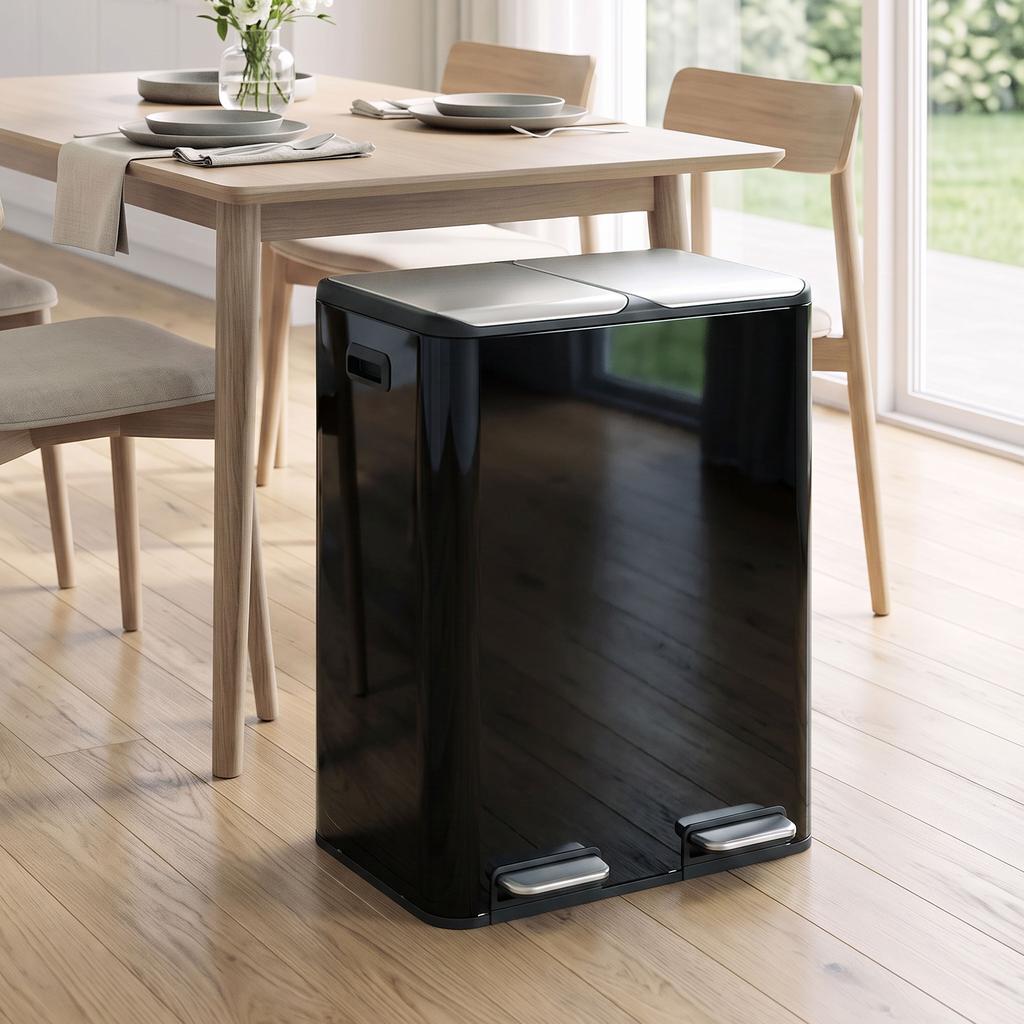 2 X 30L Double Kitchen Bin, Stainless Steel Pedal Rubbish Bin with Dual Compartments, Soft Close Lids, High Gloss Black