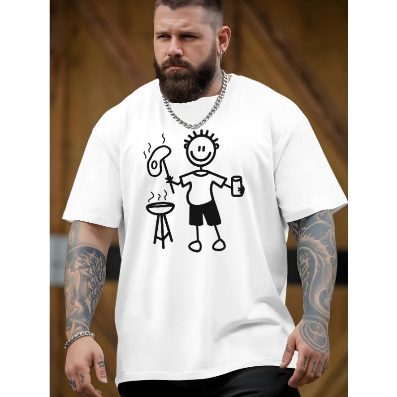 European Size Men's Large Barbecue Pattern T-Shirt - Oversized Casual Summer T-Shirt with Barbecue Illustration