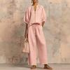 Zomer Nieuwe Stijl Casual Los Effen Kleur Rits Ronde Hals Wijde Pijpen Broek Set voor Dames