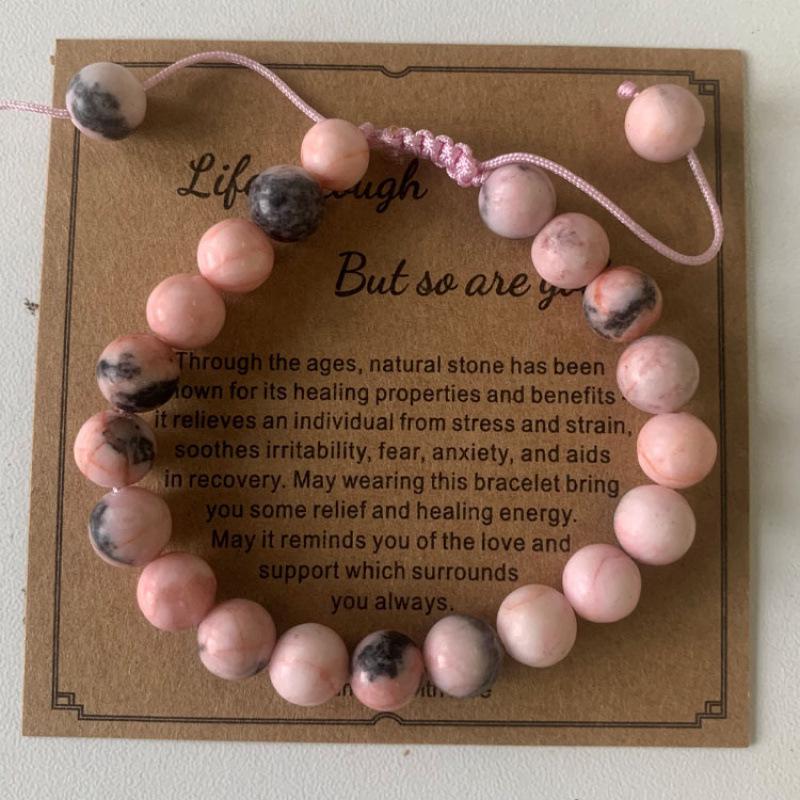 8mm Pink Zebra Stone Bead Bracelet with Gift Card: Perfect Holiday Friendship & Love Gift for Men & Women