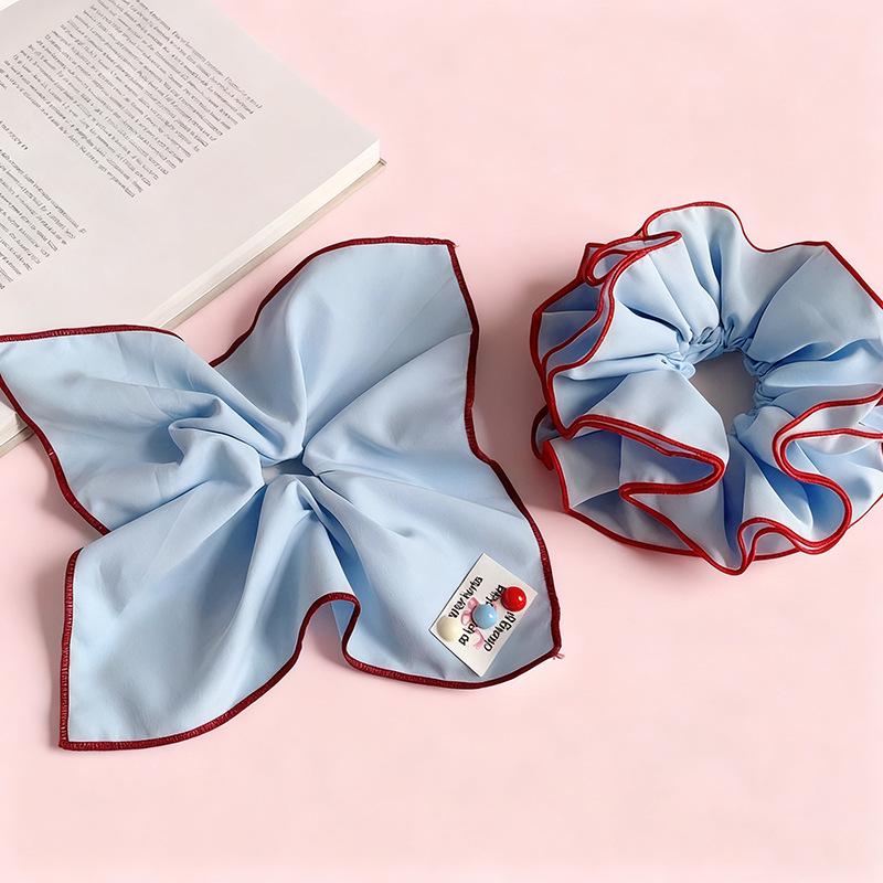 Korean-Style Polka Dot Denim Scrunchie & Lace Square Scarf Set