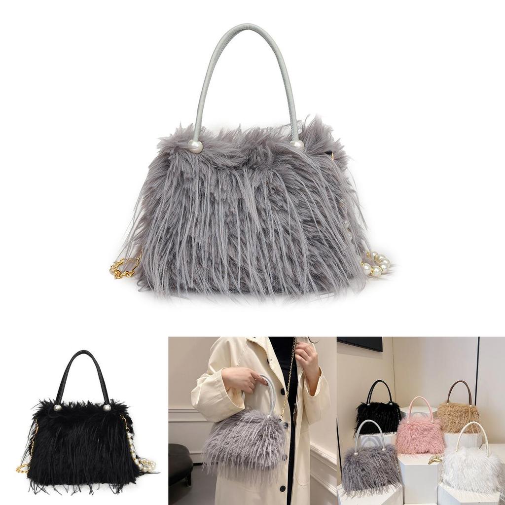 Solid Color Plush Handbag With Zipper And Chain For Casual Daily Use