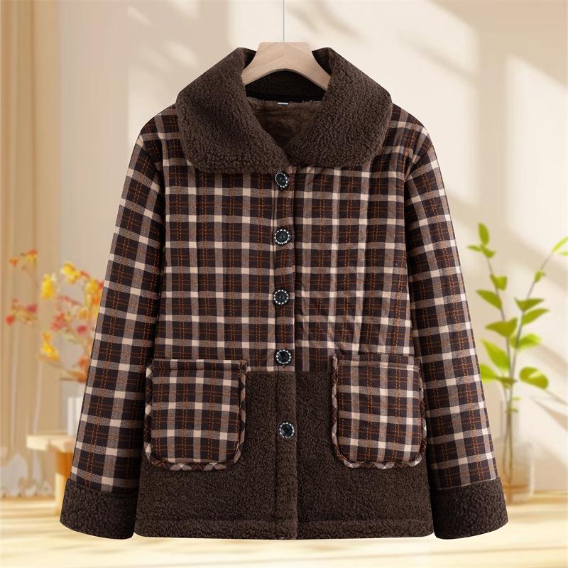 

Autumn 2025 Fashionable Plaid Cotton Jacket for Middle-aged and Elderly Women - Warm Plus Velvet Outerwear 5XL (145-160 lbs)