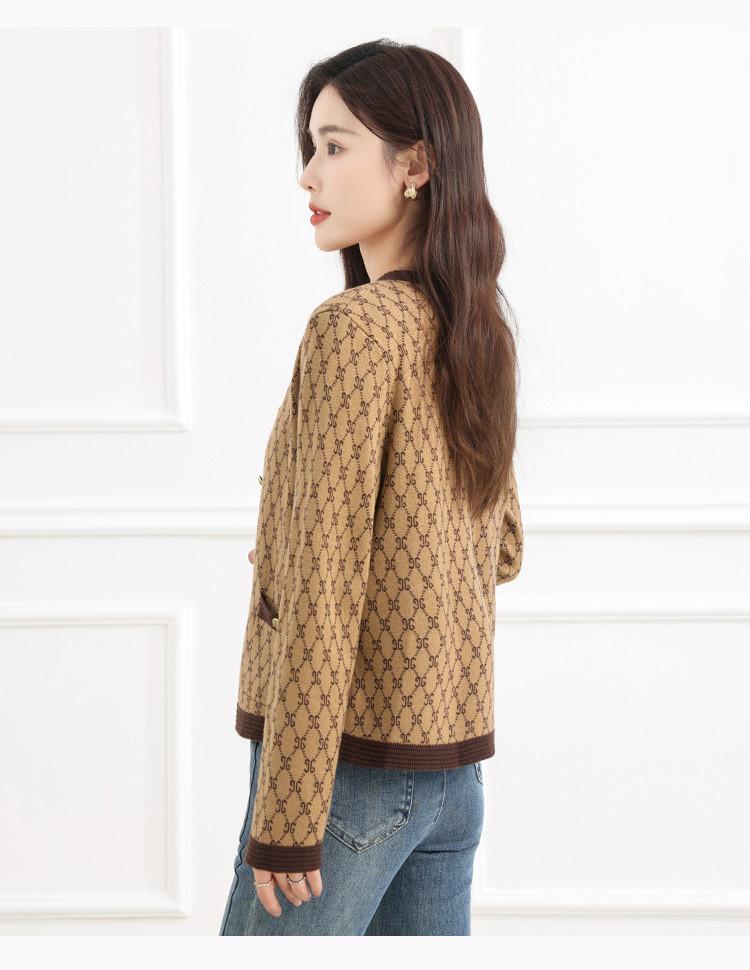 Knitted Sweater V-neck Contrasting Color Jacquard Women's Cardigan
