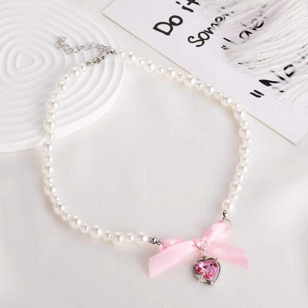 Romantic Pink Heart Bow Pearl Necklace - Sweet Pure Desire Women's Choker