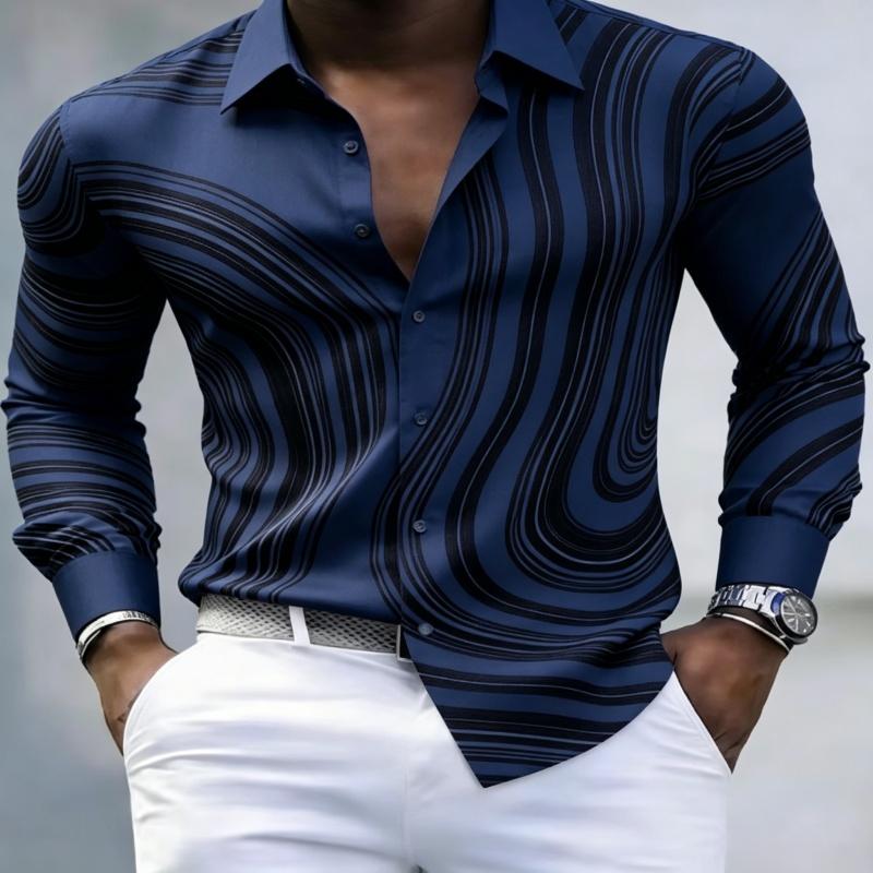 European American Trendy Men Abstract Swirl Stripe Printed Long Sleeve Shirts Spring Autumn Soft Stretch Silky Fabric Lapel Butt