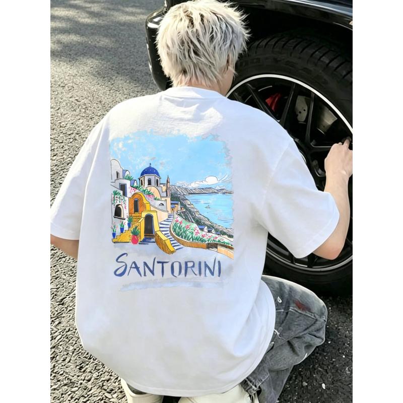Crewneck T Shirt White Santorini Island Scene with Blue Dome Church And Ocean View Graphic Print for Casual Wear Travel Souvenir Summer Outfit
