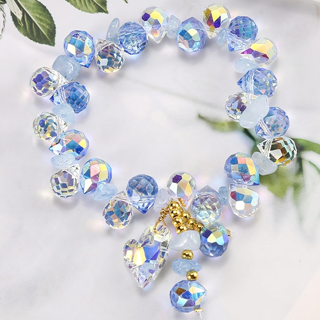 Iridescent Bead Heart Pendant Elastic Bracelet, Elegant Heart-Shaped Bracelet, Heart Pendant Elastic Bracelet 6.69 inch(16.99cm)