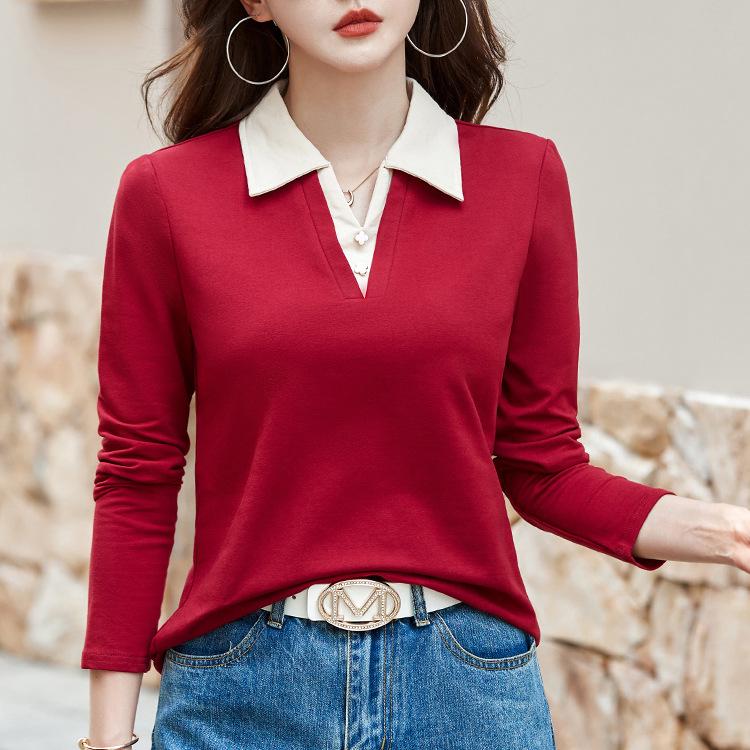 2025 Autumn Color Block Polo T-Shirt for Women: Long-Sleeved, Fake Two-Piece Design for Middle-Aged Mothers