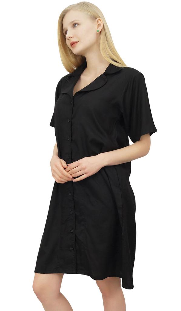 Bimba Women's Nightwear Beige Shirt Short Sleeve Dress With Pockets