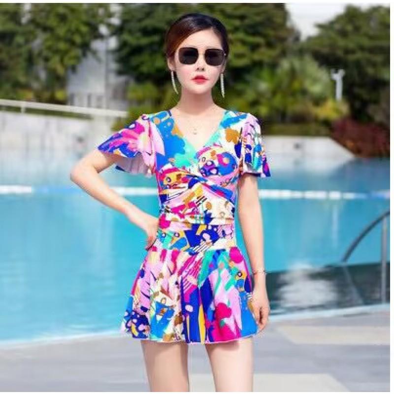 Plus Size Conservative One-Piece Swimsuit Women Tummy Control Skirted Style Modest Bathing Suit Spa Swimming