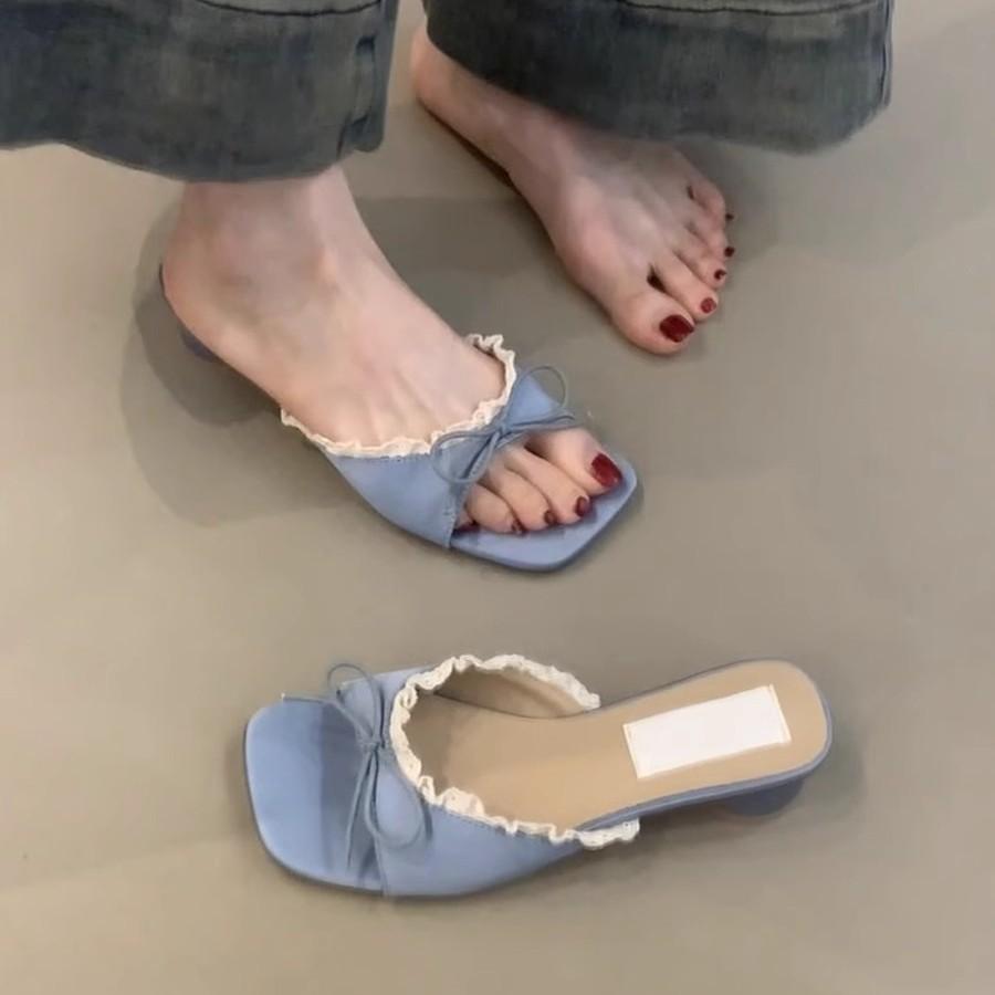 Gentle Fairy Cool Slippers 2025 Summer French Sweet Elegant Lace Bow Silk Open-toed Sandals