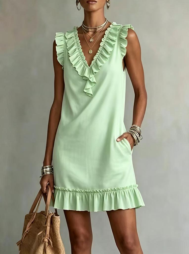 Hot-selling European and American style fungus edge V-neck sleeveless short skirt lotus leaf hem casual dress women's summer