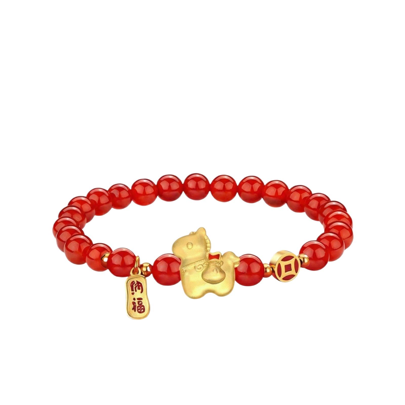 2026 Chinese New Year Horse Bracelet, Red String Gold Pendant Beaded Bracelet, Chinese Animal Auspicious Jewelry, Horse Year Gift
