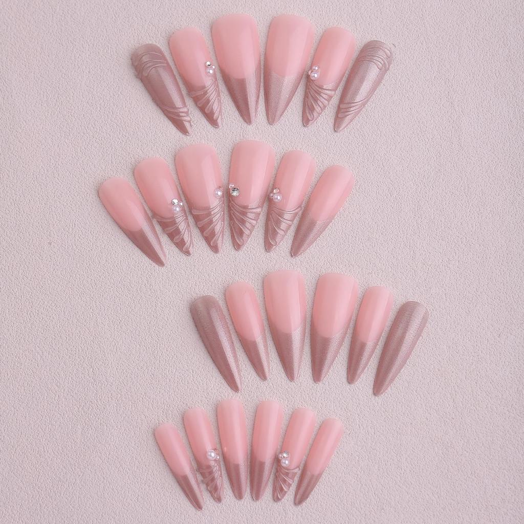 Heißverkaufende 3D-Tragbare Nägel mit durchscheinendem Silberfaden, Langes spitzes Perlen-Strass-Design - Europäischer & Amerikanischer Spicy Girl Stil