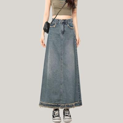 Elegant Classic Woman Raw Edge Female Summer Retro A-line Package Hip Cover Meat Mid-length Thin Versatile Comfortable Fashion Denim Bustier Skirt