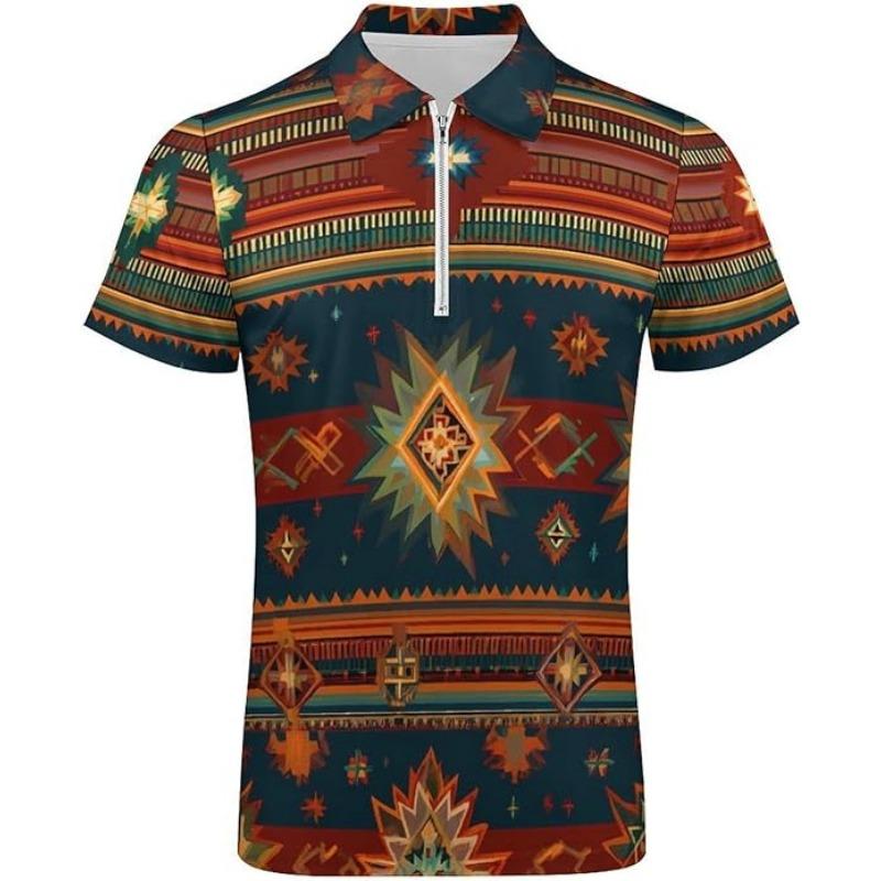 

Southwestern Navajo Pattern Mens Zip Up Polo Shirts Casual Short Sleeve Golf Collared Shirt Slim Fit Tee Top 5XL