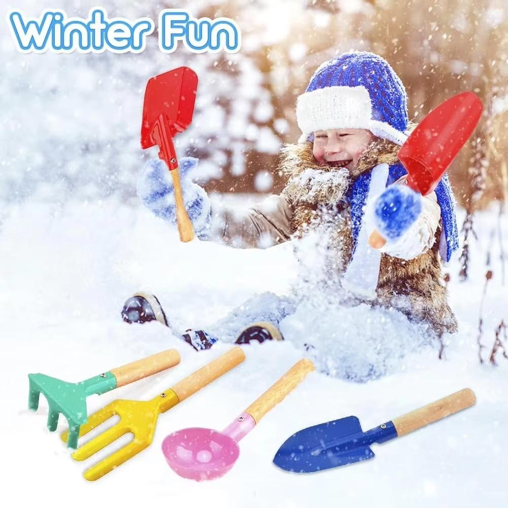 5-Piece Kids Beach Toy Set - Metal Tools with Wooden Handles (Shovel Rake Fork Spoon Trowel) Durable Sand Play & Gardening Kit