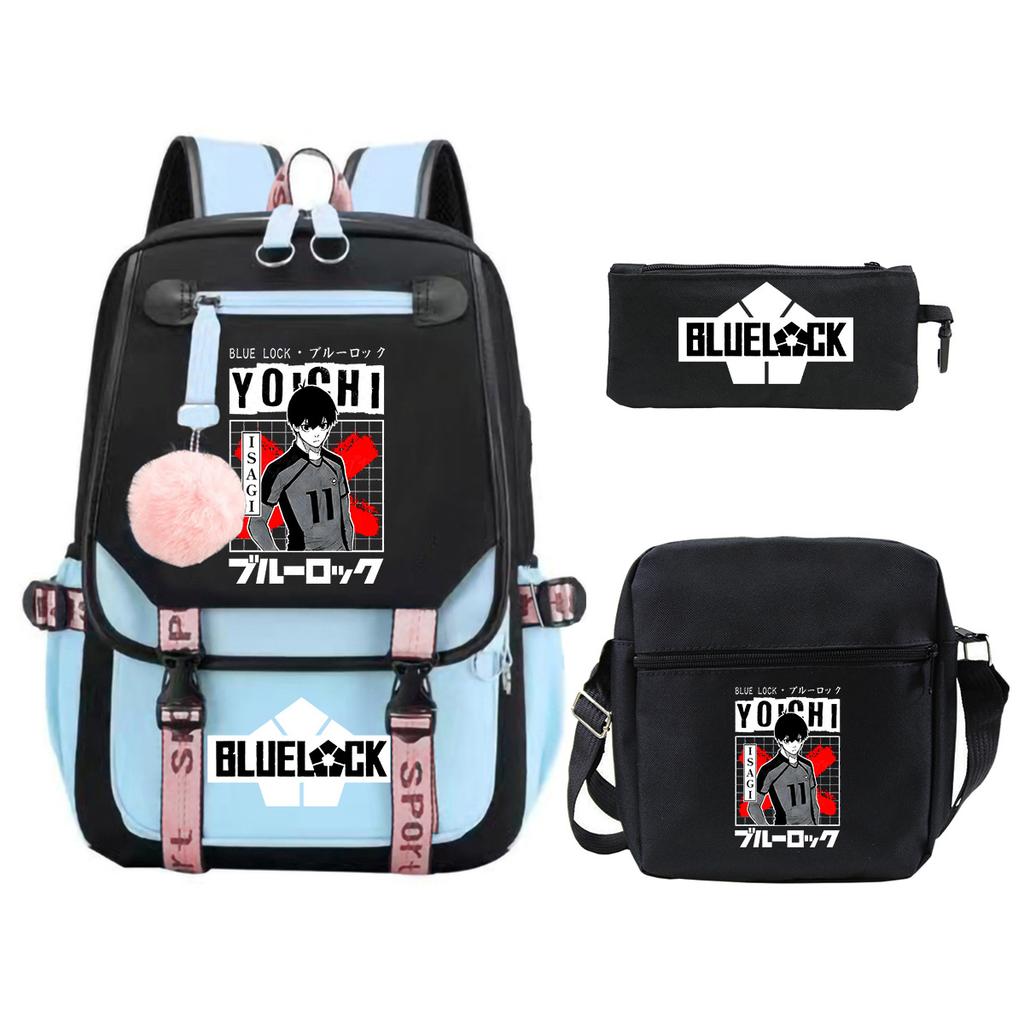 Blue Prison Student School Bag Large Capacity Children'S Shoulder Bag Casual Pencil Bag Set