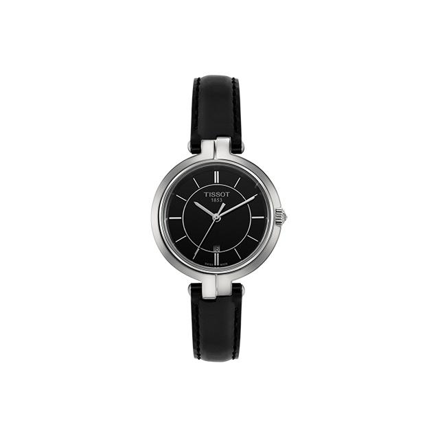 TISSOT Montre  S&eacute;rie Flamingo Mouvement Quartz &Eacute;tanche 50m Bo&icirc;tier en Acier Inoxydable Cadran Noir Bracelet en Cuir Montres pour Femmes T094.210.16.051.00 Black Dial