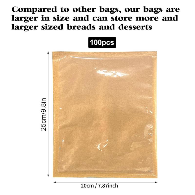 100Pcs Heat Seal Bakery Bags, Grease Proof Kraft Paper Biscuit Packaging Cake Bags For Packaging Donut Dough Baked Goods-B61B