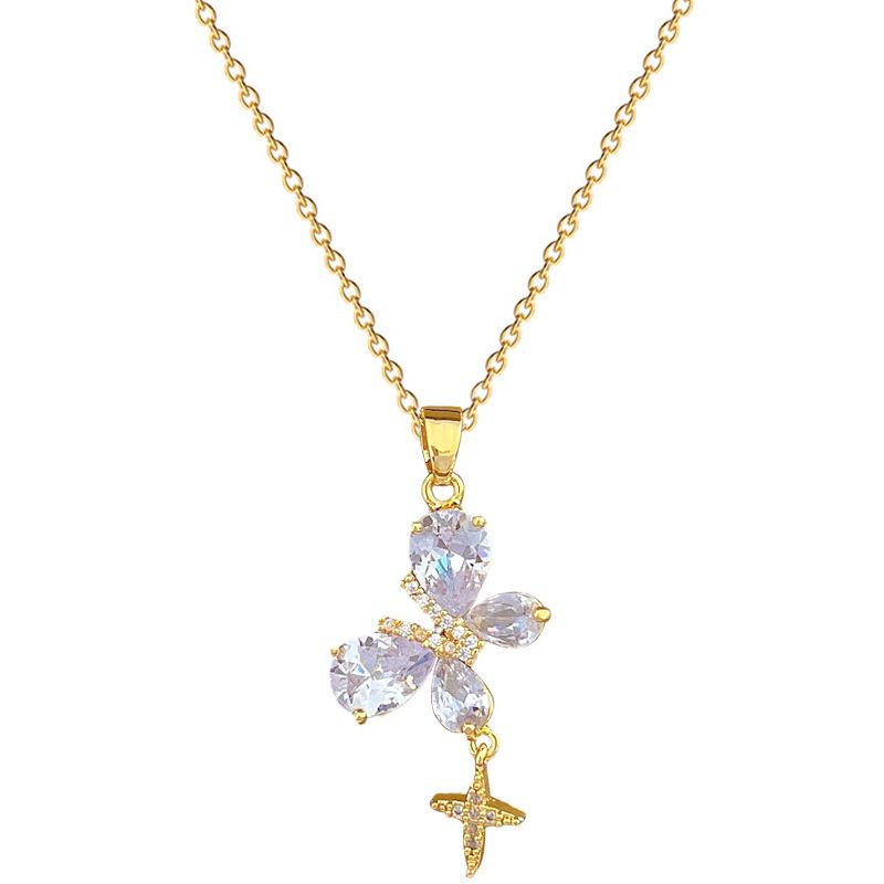 Full Diamond Butterfly Light Luxury Temperament Gorgeous Full Diamond Necklace Female Versatile Collarbone Chain Titanium Steel Chain