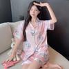 Fashion Elegant Luxury Satin Sleepwear Summer 2 Piece Women Set Short Sleeve Tops and Shorts Pajamas Woman Silk Cartoon Printing Pajama Set