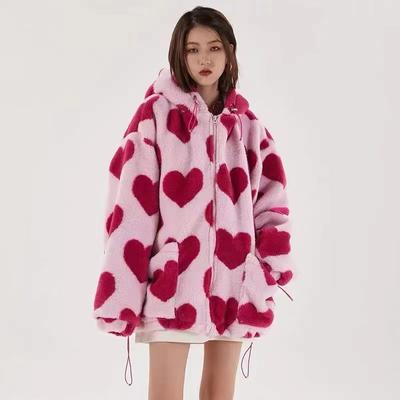 Jachetă de pluș Harajuku cu inimă cu imprimeu complet Jachetă din bumbac cu glugă cu mânecă lungă coreeană de iarnă pentru femei