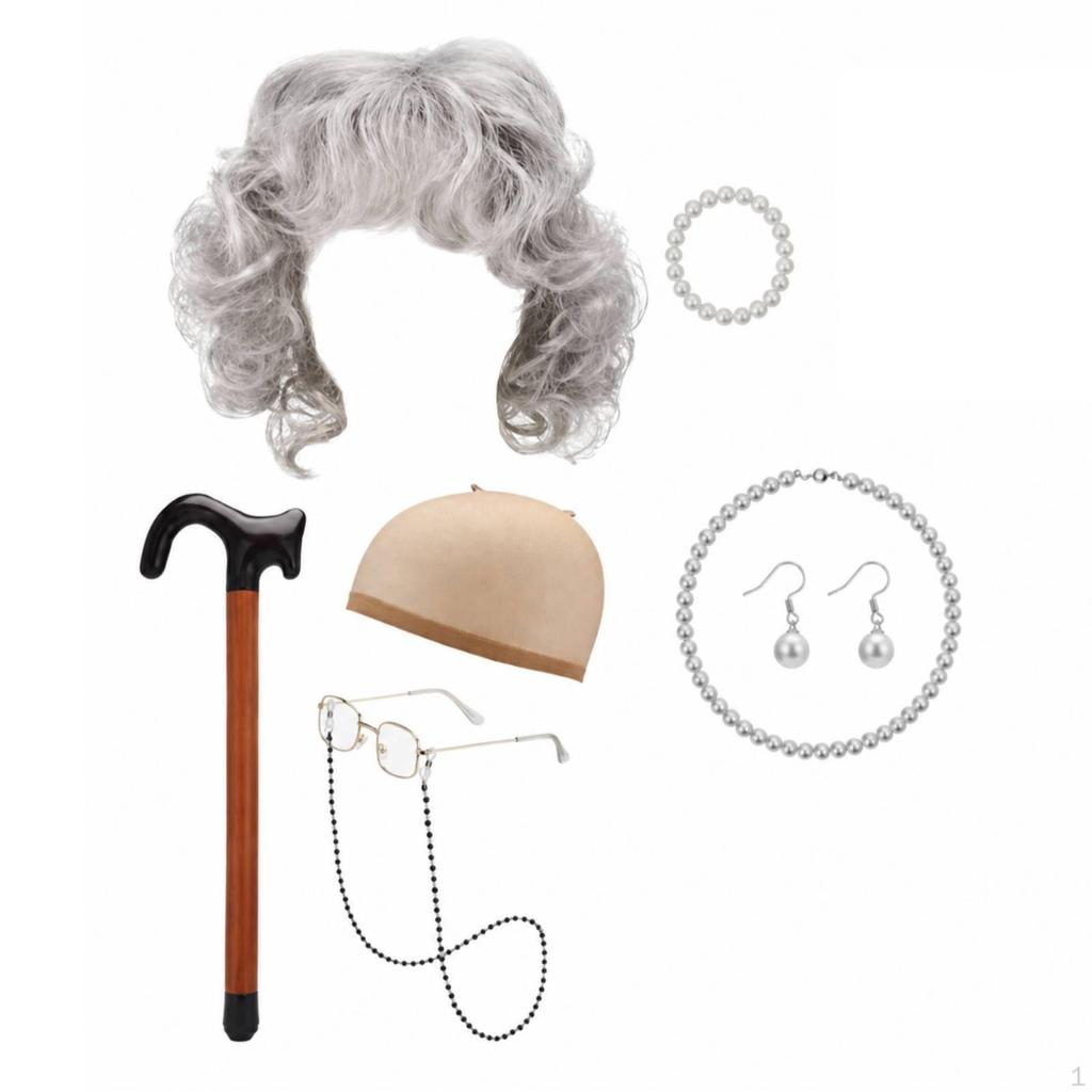 Halloween Granny Hairpiece with Glasses | Voluminous Rounded Curl Pattern, Old Lady