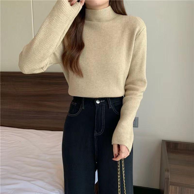 Fleece and Thickened Sweater Top for Women In Winter Semi-high-neck Pullover and Fitted Knitted Sweater Worn Inside
