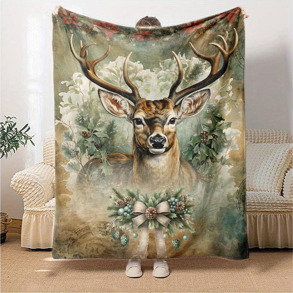 1pc Deer Christmas Blanket Lightweight Flannel Throw for Sofa Bed Travel Camping Livingroom Office Couch Chair