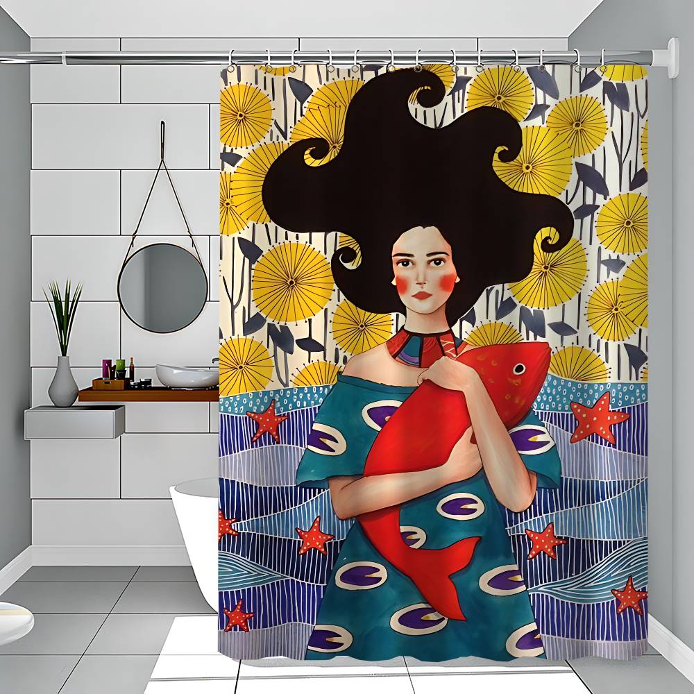 Abstract Girl Hair Flower Bird 1PC Printed Shower Curtain Waterproof Washable With 12 Hooks Bathroom Shower Home Use