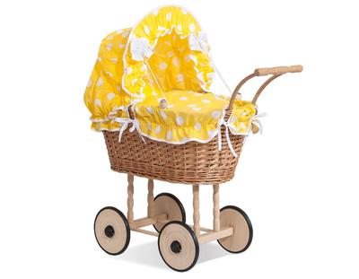 Tall Wicker Doll Stroller with Yellow Bedding and Lining - Natural