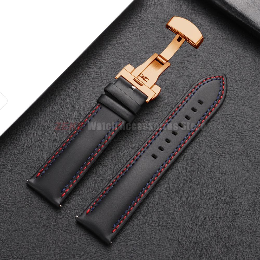 Doppelt genähtes Echtleder Uhrenarmband 20mm 22mm 24mm Armband für Seiko Faltschließe Rindslederband für Omega Uhrenarmband