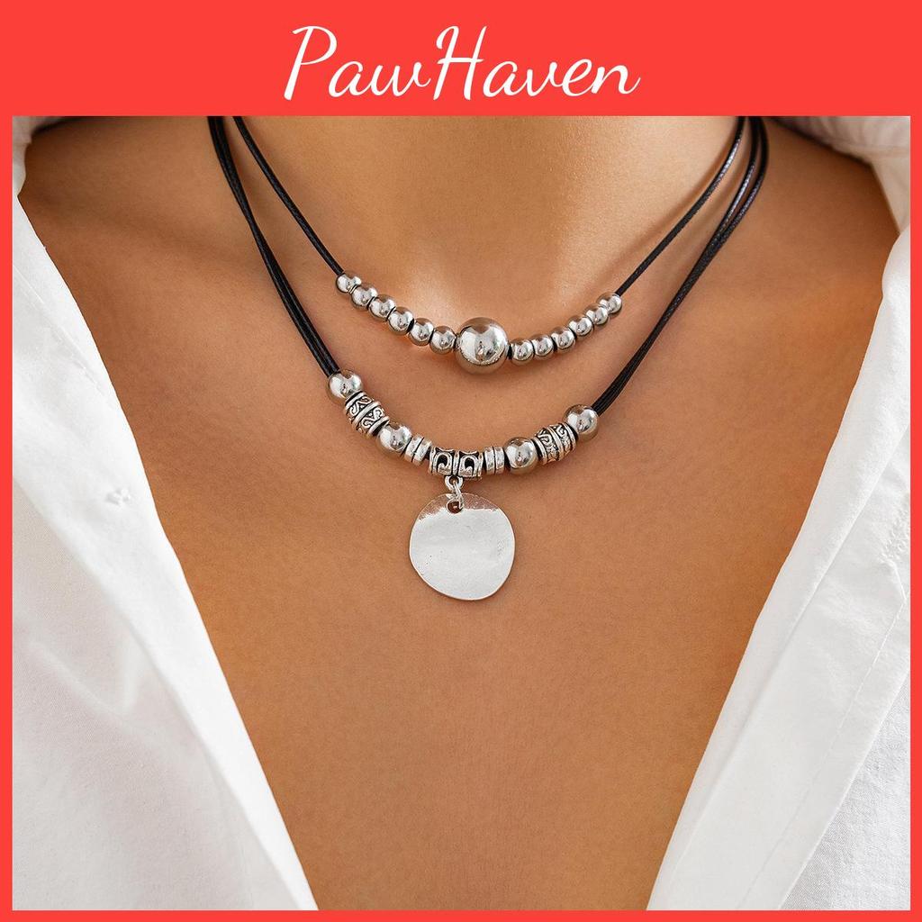 Wax Leather Line Retro Disc Pendant Clavicle Chain Necklace With Metallic Beads