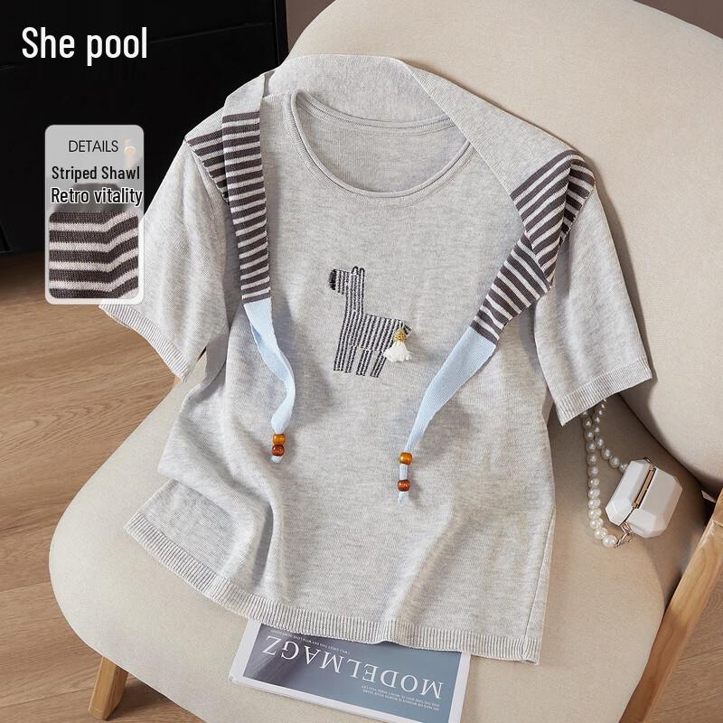 Women s Lyocell Linen Embroidered Short Sleeve Knit T-Shirt One Size