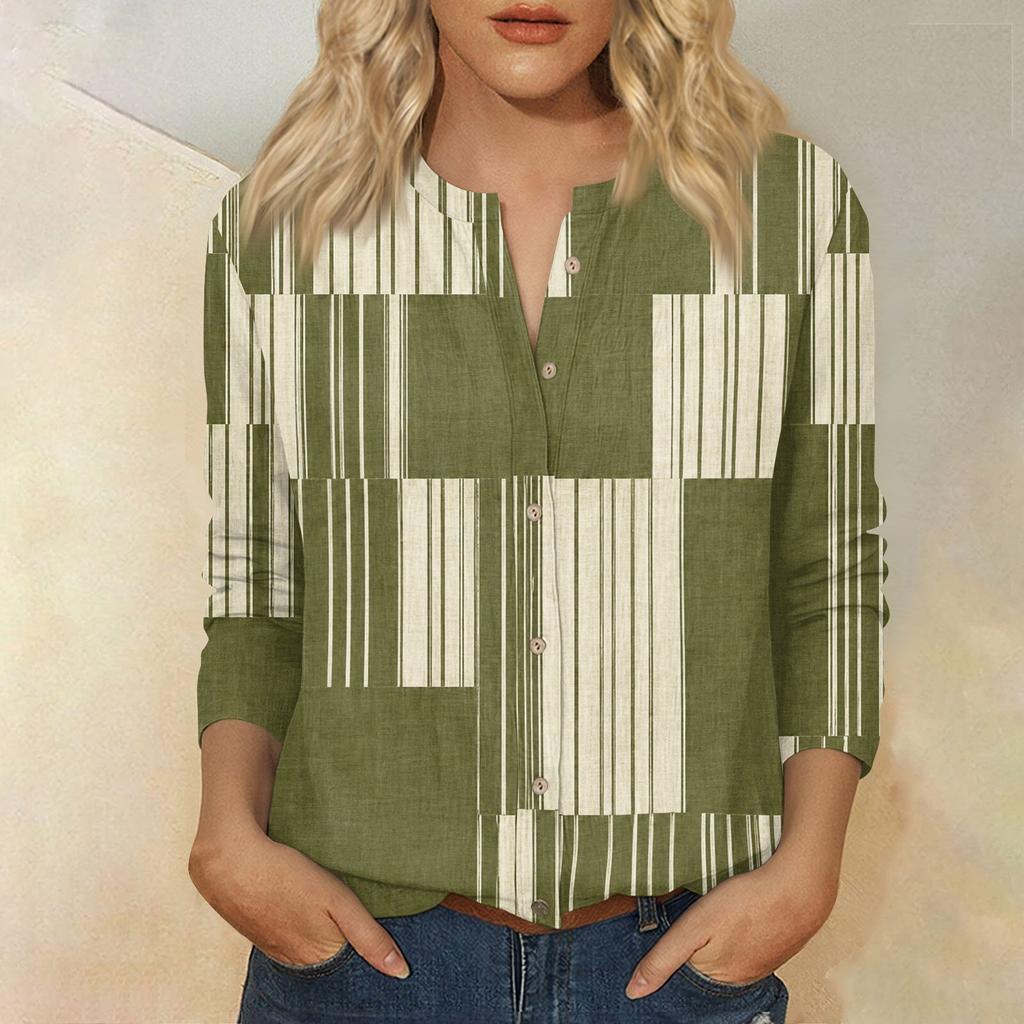 Women's Fashion Cotton Linen Printed 3/4 Sleeve Button Shirt for Casual Wear