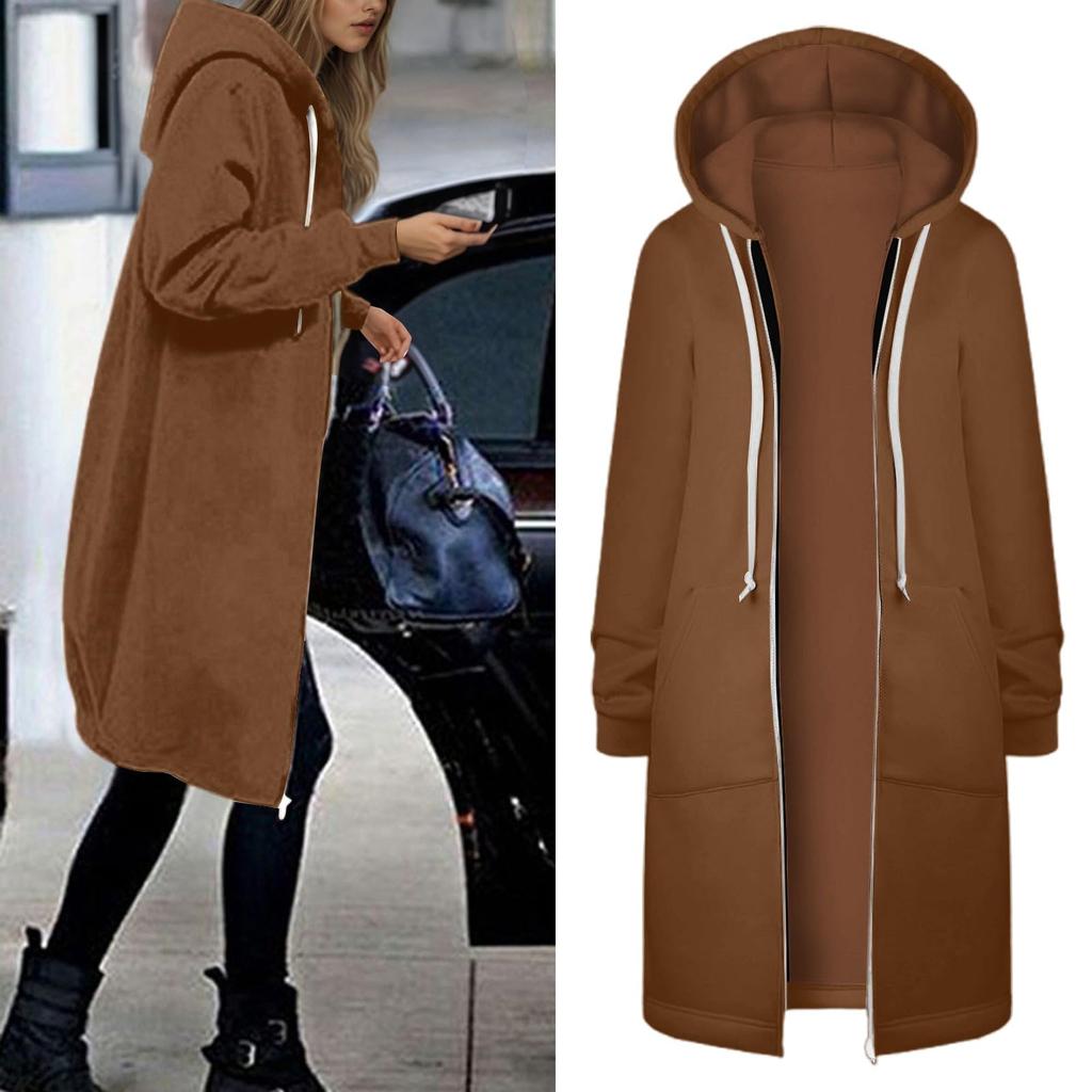 Women's Fashionable Solid Color Long Sleeved Pocket Long Hoodies Zipper Casual Coat Fall Jackets Sweatshirts Clothes