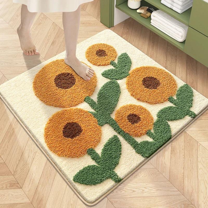 Square Floral Bath Mat, Ultra Plush Absorbent Bathroom Rug, Non-Slip Backing & Soft Touch Surface, Floor Mats for Bathroom Decor